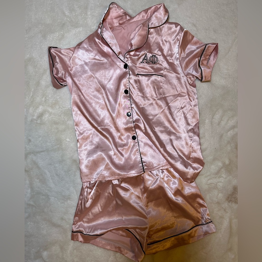 Custom Alpha Phi Pink Embroidered Satin Pajama Sleep Set